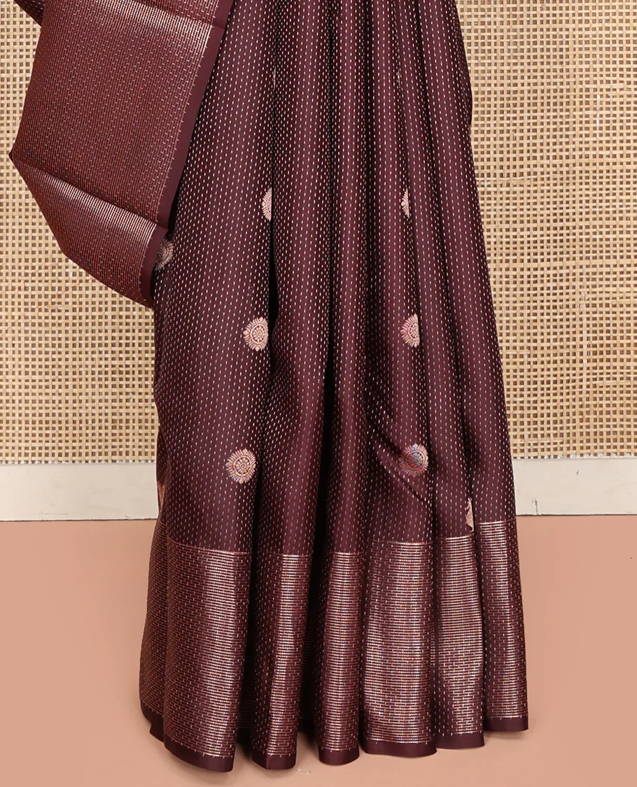 Coffee Brown Vasundhara Silk Saree, Finely Crafted with Raindrop Buttas, and Annam Chakram Bu\ttas on Its Body, Highlighted by a Zari Geometric-Textured Border, Gleaming Copper-Colored Zari Pallu of Jaal Designs, and Paired with a Matching Blouse - Image 12