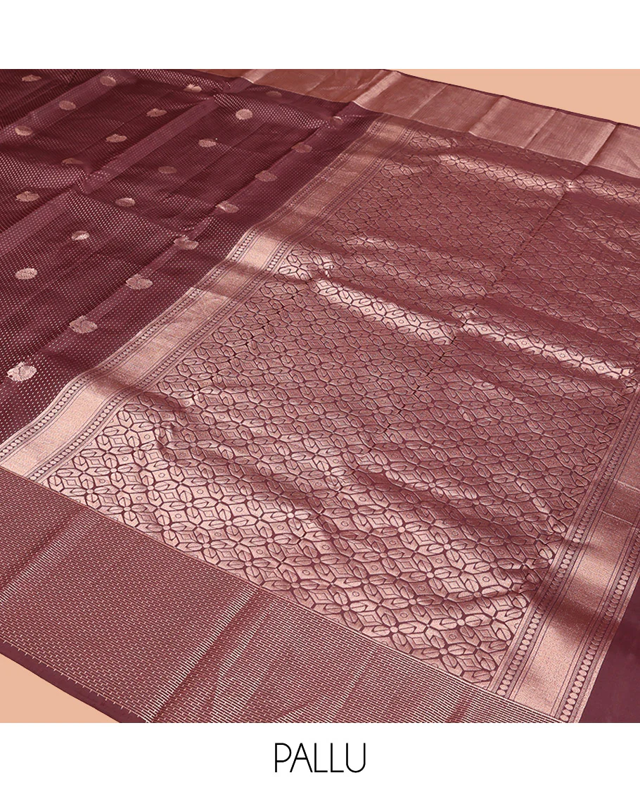 Coffee Brown Vasundhara Silk Saree, Finely Crafted with Raindrop Buttas, and Annam Chakram Bu\ttas on Its Body, Highlighted by a Zari Geometric-Textured Border, Gleaming Copper-Colored Zari Pallu of Jaal Designs, and Paired with a Matching Blouse - Image 13