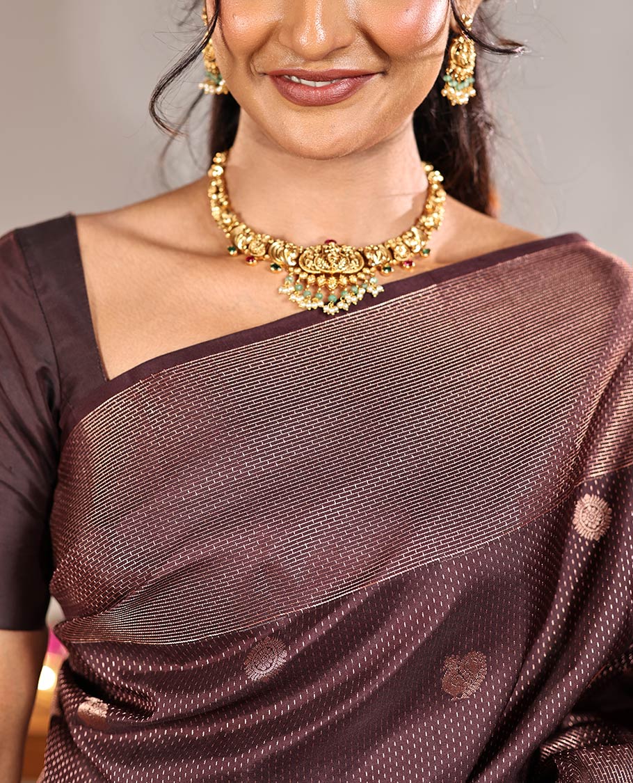 Coffee Brown Vasundhara Silk Saree, Finely Crafted with Raindrop Buttas, and Annam Chakram Bu\ttas on Its Body, Highlighted by a Zari Geometric-Textured Border, Gleaming Copper-Colored Zari Pallu of Jaal Designs, and Paired with a Matching Blouse - Image 2