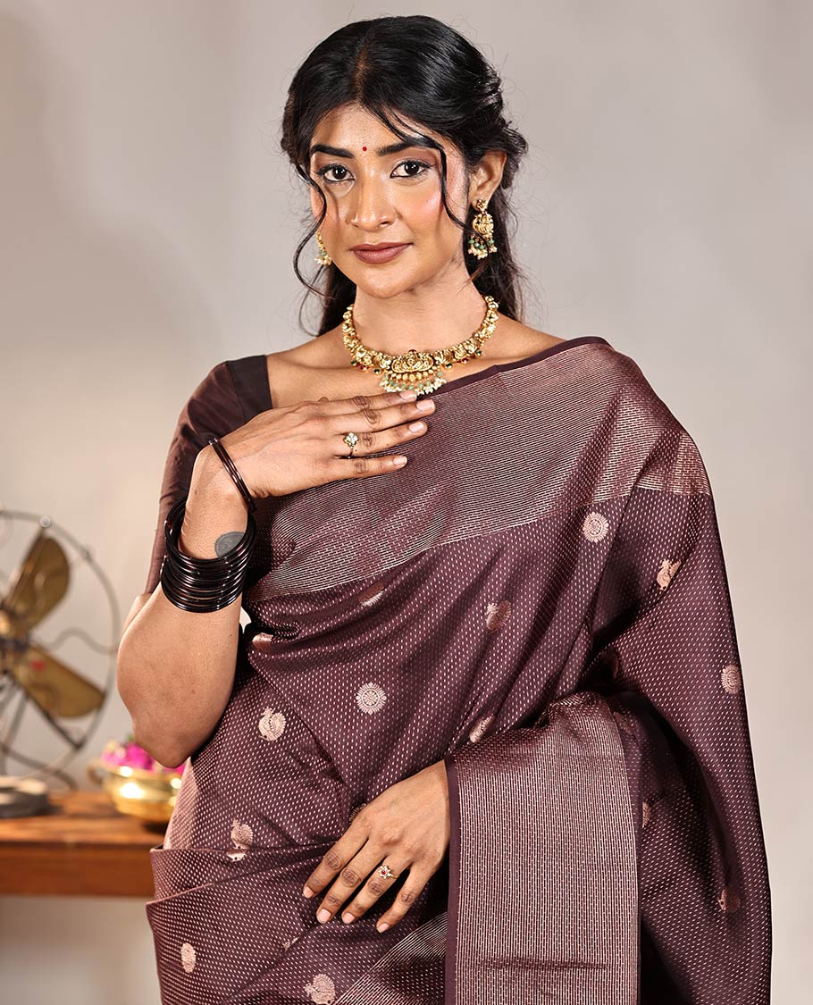 Coffee Brown Vasundhara Silk Saree, Finely Crafted with Raindrop Buttas, and Annam Chakram Bu\ttas on Its Body, Highlighted by a Zari Geometric-Textured Border, Gleaming Copper-Colored Zari Pallu of Jaal Designs, and Paired with a Matching Blouse - Image 3