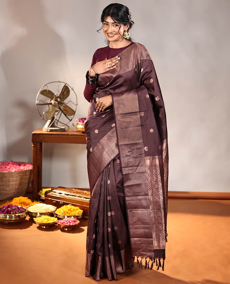 Coffee Brown Vasundhara Silk Saree, Finely Crafted with Raindrop Buttas, and Annam Chakram Bu\ttas on Its Body, Highlighted by a Zari Geometric-Textured Border, Gleaming Copper-Colored Zari Pallu of Jaal Designs, and Paired with a Matching Blouse - Image 4