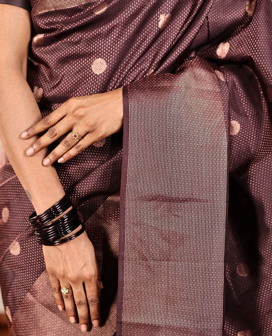 Coffee Brown Vasundhara Silk Saree, Finely Crafted with Raindrop Buttas, and Annam Chakram Bu\ttas on Its Body, Highlighted by a Zari Geometric-Textured Border, Gleaming Copper-Colored Zari Pallu of Jaal Designs, and Paired with a Matching Blouse - Image 5