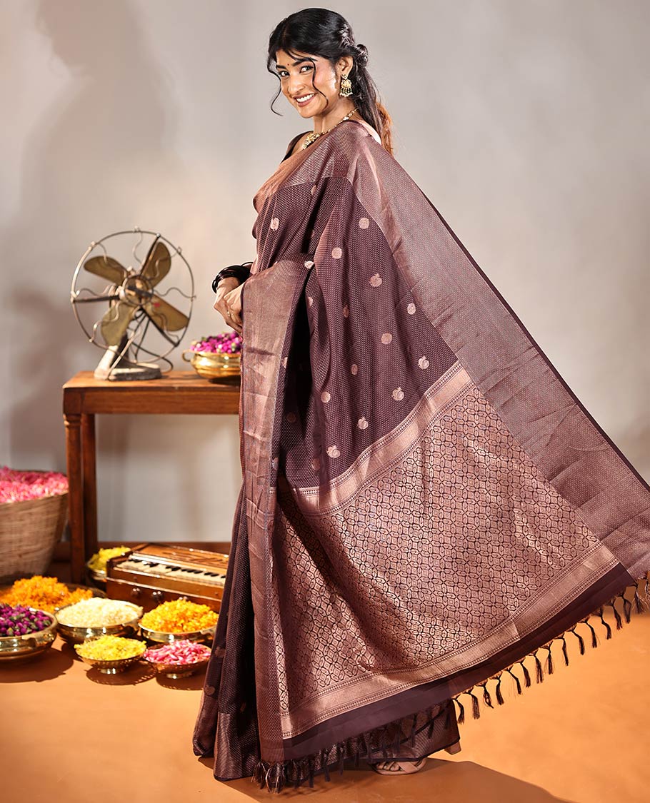 Coffee Brown Vasundhara Silk Saree, Finely Crafted with Raindrop Buttas, and Annam Chakram Bu\ttas on Its Body, Highlighted by a Zari Geometric-Textured Border, Gleaming Copper-Colored Zari Pallu of Jaal Designs, and Paired with a Matching Blouse - Image 6