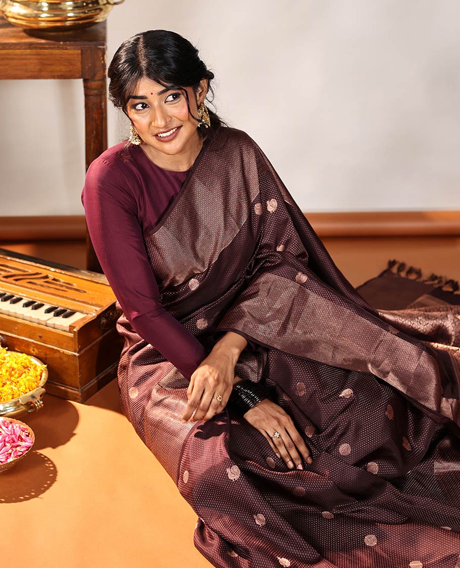 Coffee Brown Vasundhara Silk Saree, Finely Crafted with Raindrop Buttas, and Annam Chakram Bu\ttas on Its Body, Highlighted by a Zari Geometric-Textured Border, Gleaming Copper-Colored Zari Pallu of Jaal Designs, and Paired with a Matching Blouse - Image 7