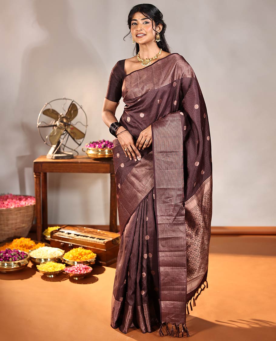 Coffee Brown Vasundhara Silk Saree, Finely Crafted with Raindrop Buttas, and Annam Chakram Bu\ttas on Its Body, Highlighted by a Zari Geometric-Textured Border, Gleaming Copper-Colored Zari Pallu of Jaal Designs, and Paired with a Matching Blouse - Image 8