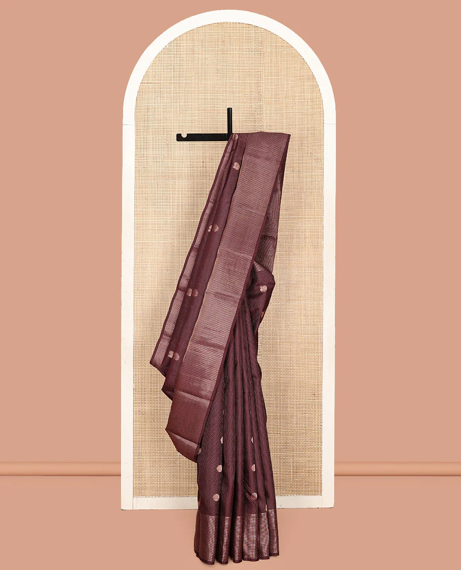 Coffee Brown Vasundhara Silk Saree, Finely Crafted with Raindrop Buttas, and Annam Chakram Bu\ttas on Its Body, Highlighted by a Zari Geometric-Textured Border, Gleaming Copper-Colored Zari Pallu of Jaal Designs, and Paired with a Matching Blouse - Image 9