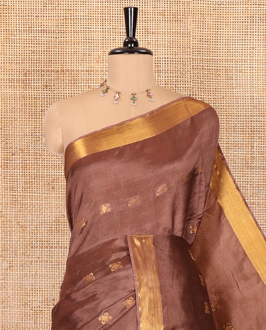 Coffee brown zari buttas banana pith silk saree, zari bavanji border, zari striped pallu, and a matching zari design blouse - Image 2