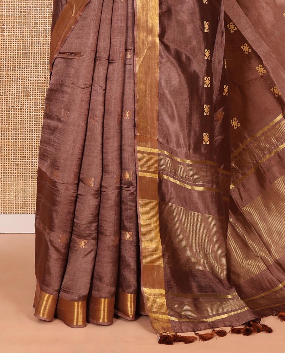 Coffee brown zari buttas banana pith silk saree, zari bavanji border, zari striped pallu, and a matching zari design blouse - Image 3