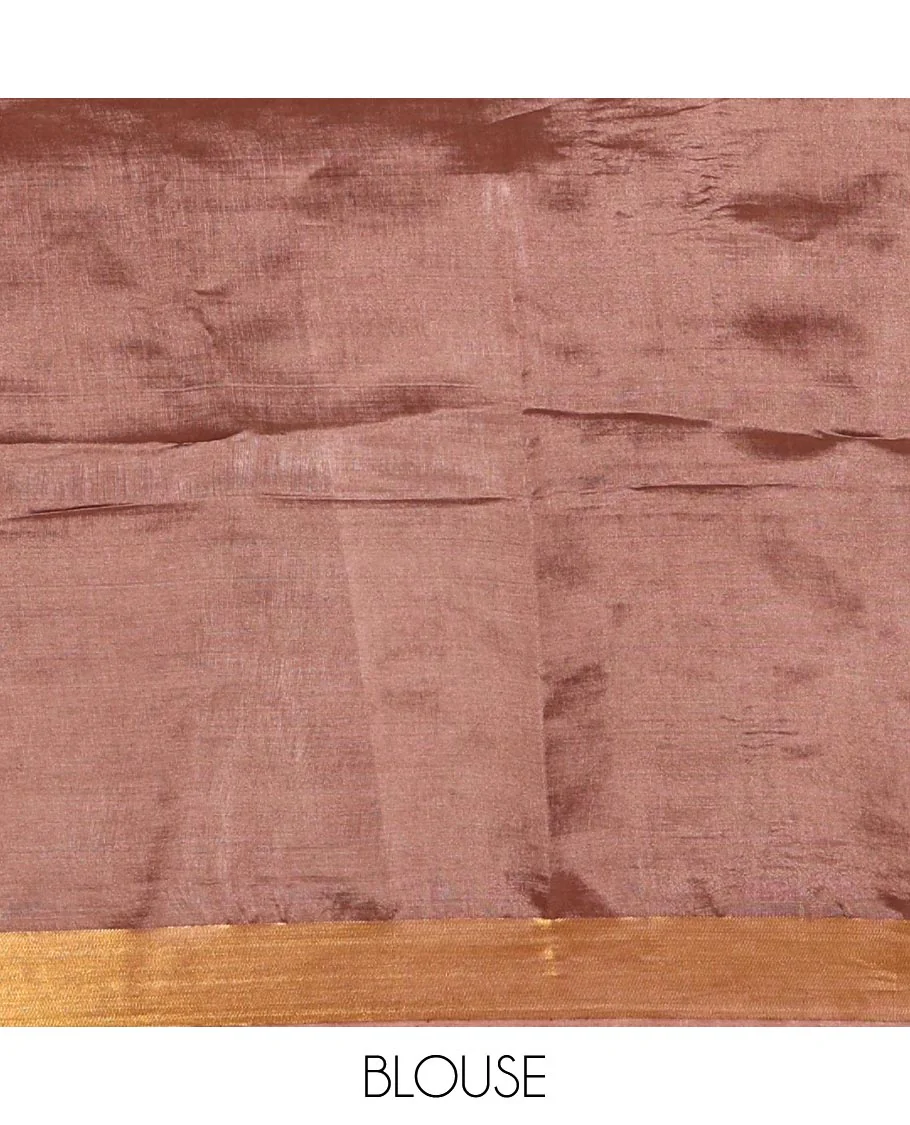 Coffee brown zari buttas banana pith silk saree, zari bavanji border, zari striped pallu, and a matching zari design blouse - Image 4