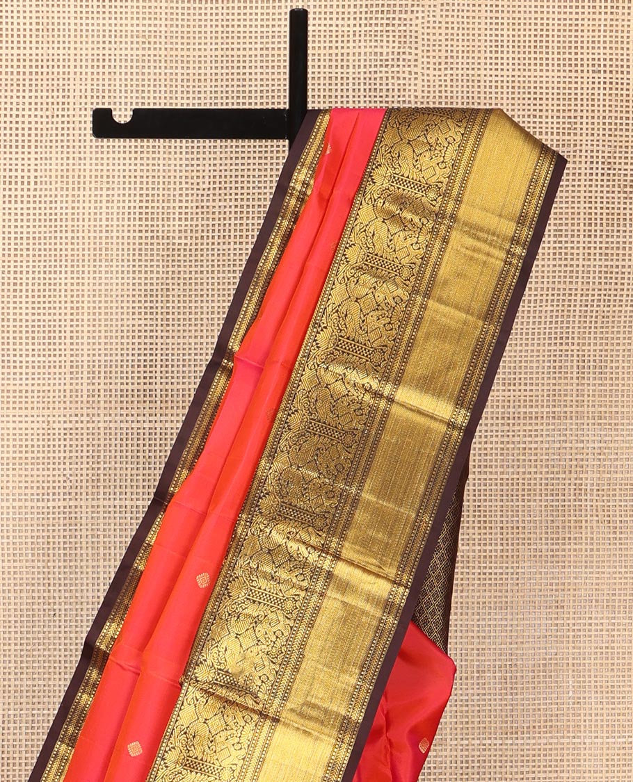 Coral Vasundhara Silk Saree, Elevated with Zari Buttas All Over Its Body, Complemented by a Contrast Border of Manga, Muthu, Kathir, Mayil, and Yaanai Designs, Grand Jaal Pallu, and Paired with a Contrast Blouse - Image 3