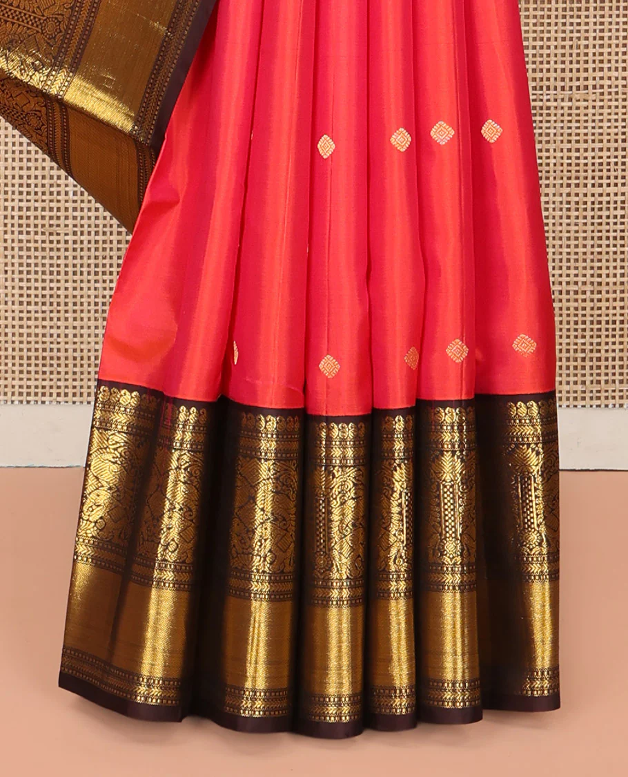 Coral Vasundhara Silk Saree, Elevated with Zari Buttas All Over Its Body, Complemented by a Contrast Border of Manga, Muthu, Kathir, Mayil, and Yaanai Designs, Grand Jaal Pallu, and Paired with a Contrast Blouse - Image 4