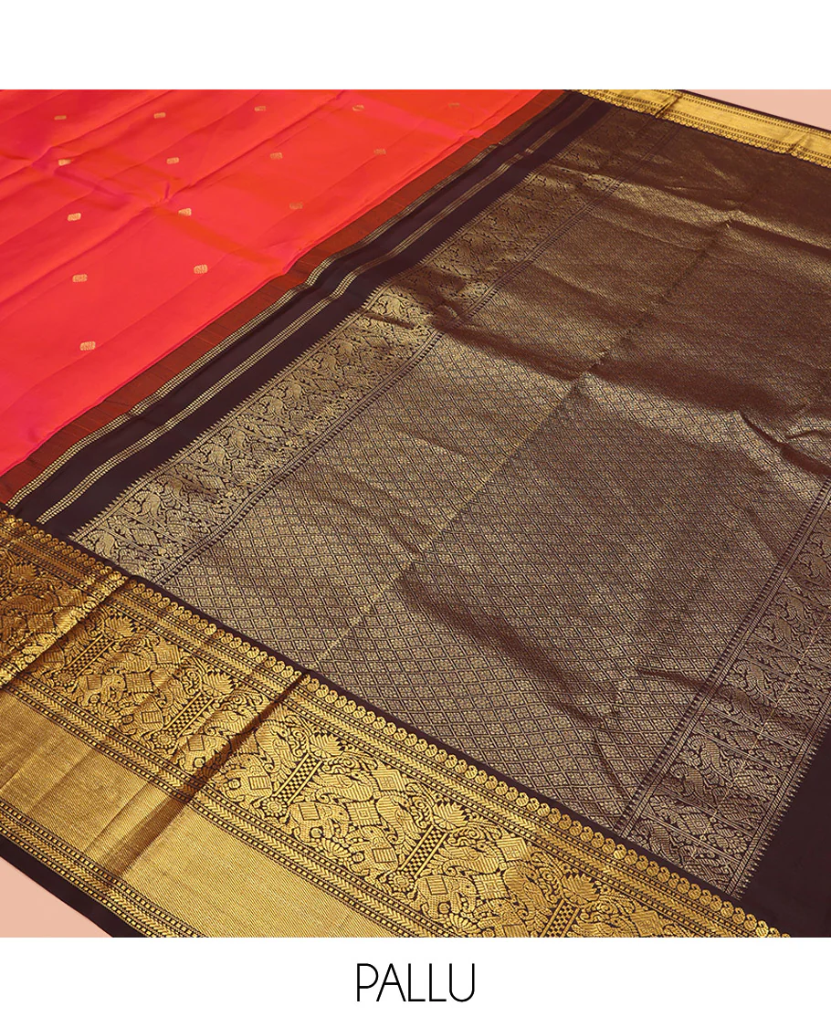 Coral Vasundhara Silk Saree, Elevated with Zari Buttas All Over Its Body, Complemented by a Contrast Border of Manga, Muthu, Kathir, Mayil, and Yaanai Designs, Grand Jaal Pallu, and Paired with a Contrast Blouse - Image 5