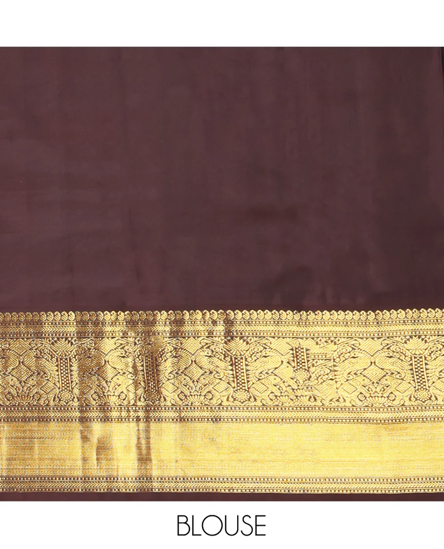 Coral Vasundhara Silk Saree, Elevated with Zari Buttas All Over Its Body, Complemented by a Contrast Border of Manga, Muthu, Kathir, Mayil, and Yaanai Designs, Grand Jaal Pallu, and Paired with a Contrast Blouse - Image 6