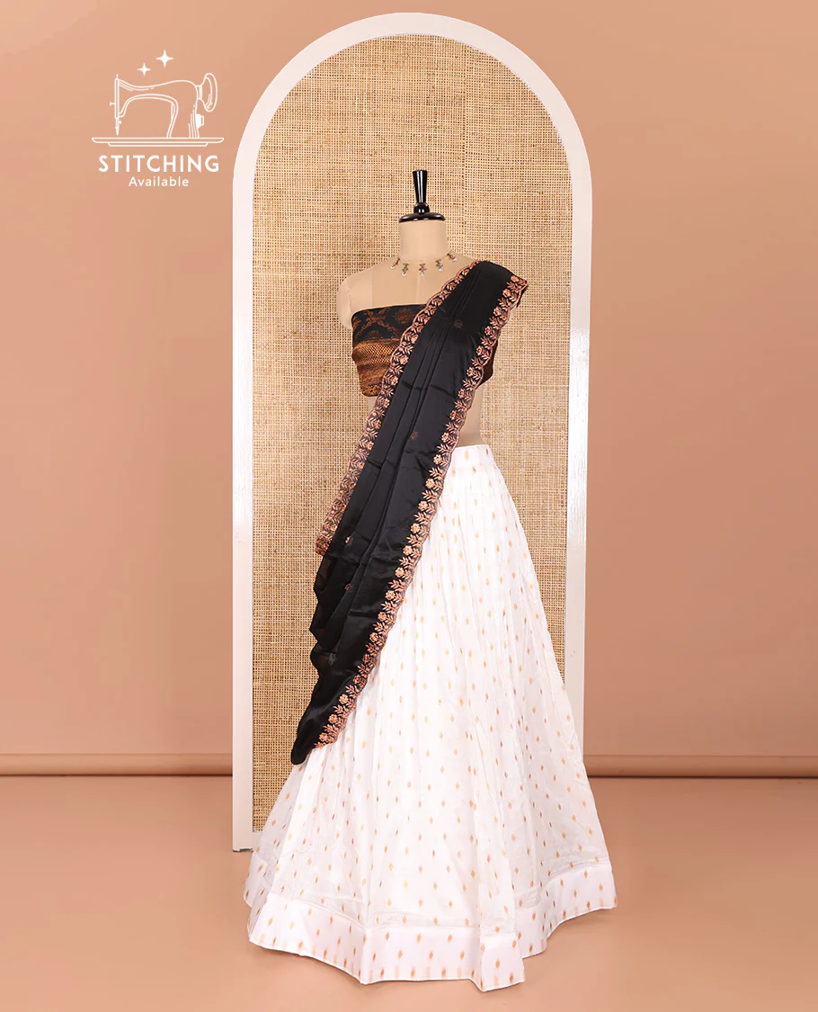 Cream and Black Half-Saree Featuring Gold Zari Buttas Steeped Nylon Viscose Skirt, Complemented by a Contrast Jacquard Zari Design Blouse, and Comes with a Syska Georgette Embroidered Scallop-Bordered Dhavani - Image 3