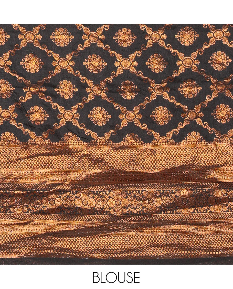 Cream and Black Half-Saree Featuring Gold Zari Buttas Steeped Nylon Viscose Skirt, Complemented by a Contrast Jacquard Zari Design Blouse, and Comes with a Syska Georgette Embroidered Scallop-Bordered Dhavani - Image 4