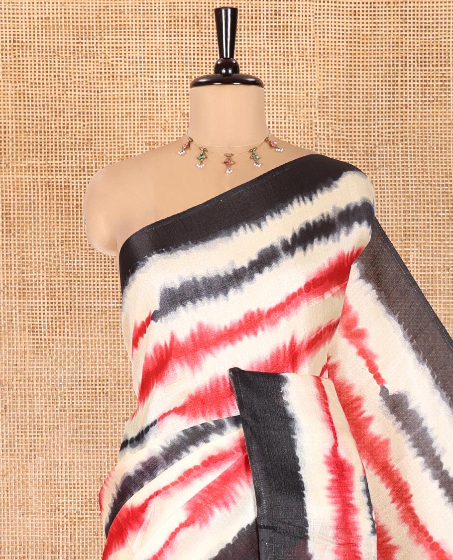 Cream and Black Khadi Cotton Saree, Elevated with Shibori Print On Its Body, Complemented by Contrast Plain Border, Plain Artfully Pictures Village-theme Scenery Print, and Paired with a Contrast Blouse - Image 2
