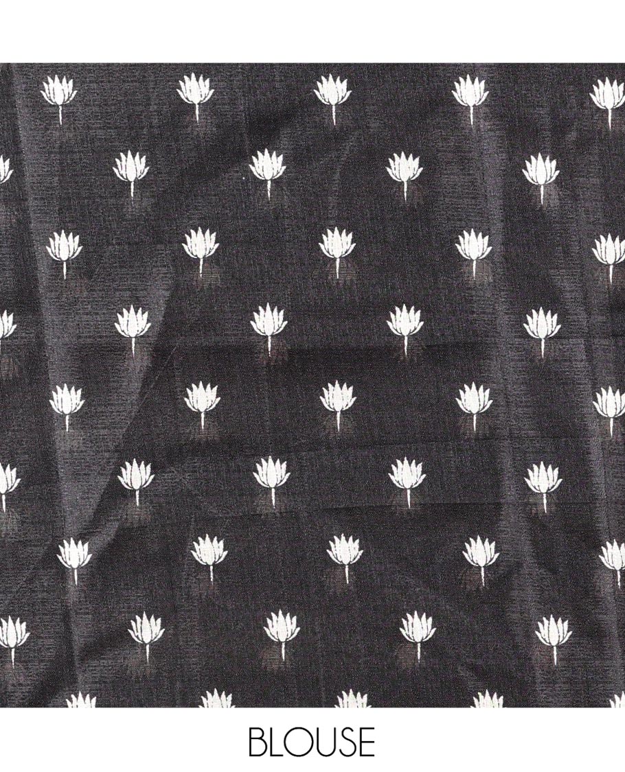 Cream and Black Khadi Cotton Saree, Elevated with Shibori Print On Its Body, Complemented by Contrast Plain Border, Plain Artfully Pictures Village-theme Scenery Print, and Paired with a Contrast Blouse - Image 3