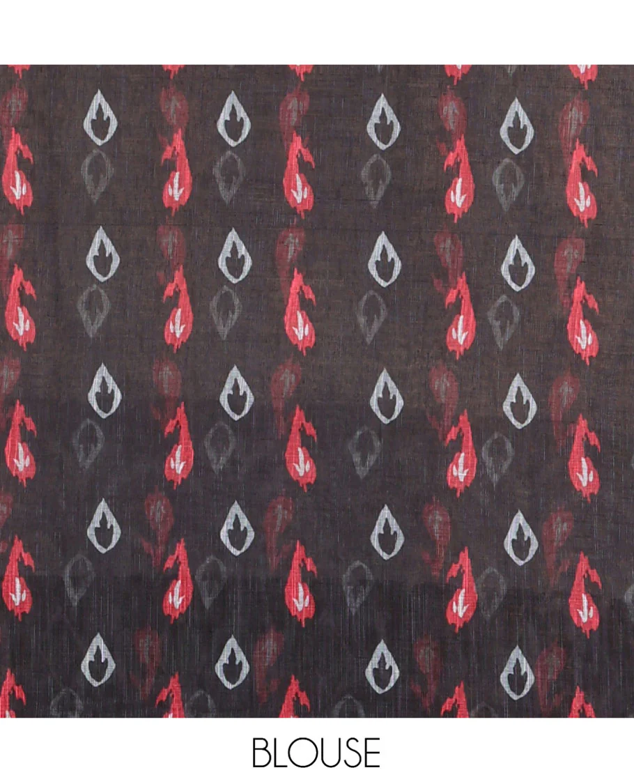 Cream and Black Linen Cotton Saree, Subtly Steeped with Raindrop Style Buttas All Over Its Body, Complemented by Contrast Ikkat Style Border of Elephant Motifs, Ikkat Style Pallu, and Paired with a Contrast Blouse - Image 3