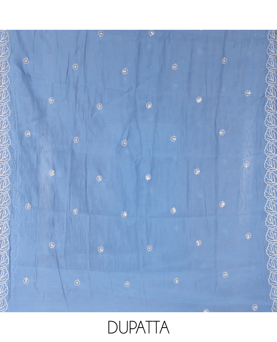Cream and Blue Mul Chanderi Material Chudidar Set, Delicately Designed with Floral Embroidery On Its Top, A Plain Santoon Bottom, and Comes with a Contrast Scallop Floral Embroidered Dupatta - Image 2