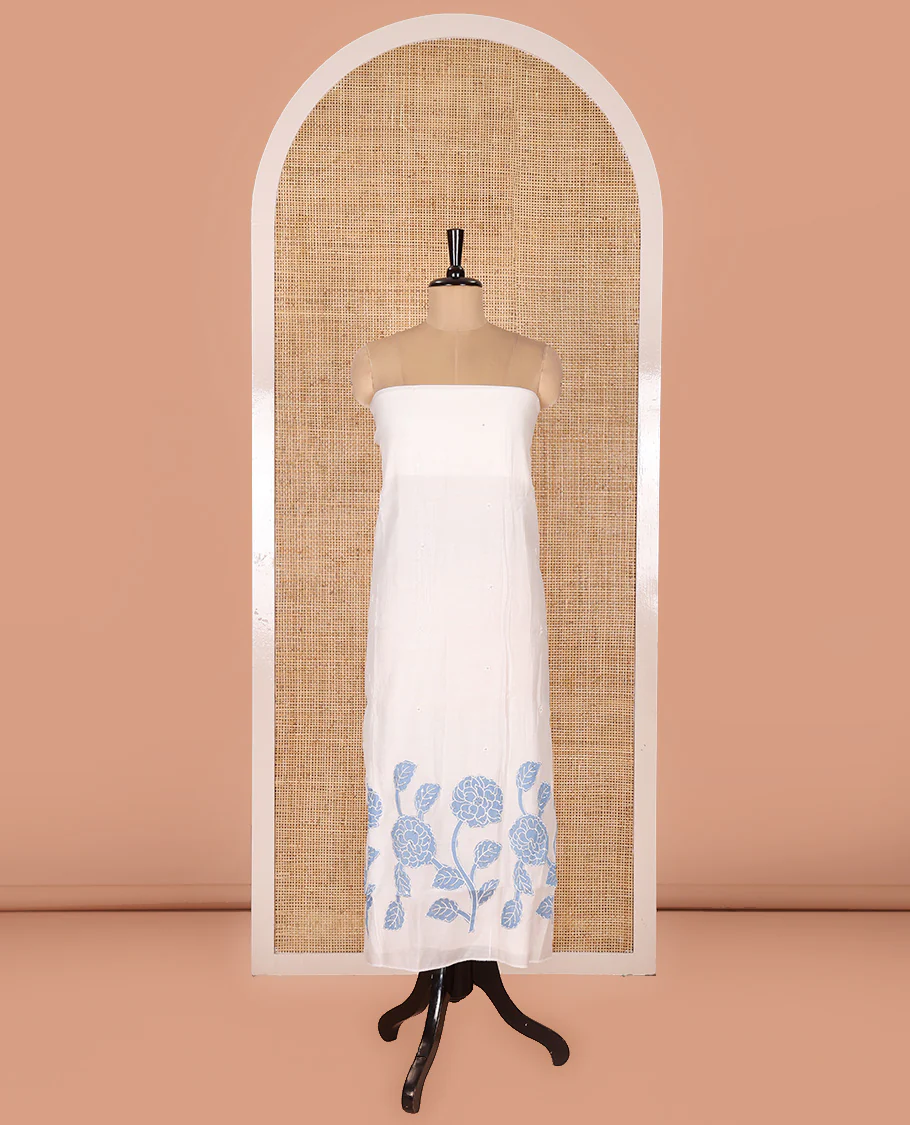 Cream and Blue Mul Chanderi Material Chudidar Set, Delicately Designed with Floral Embroidery On Its Top, A Plain Santoon Bottom, and Comes with a Contrast Scallop Floral Embroidered Dupatta - Image 4
