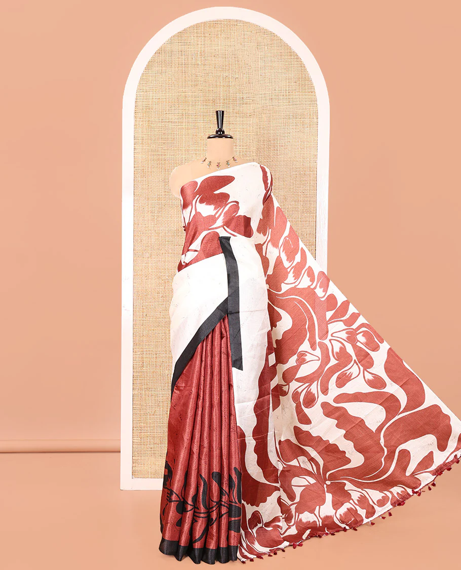 Cream and Brown Art Khadi Cotton Saree, Adorned With Half-and-Half-style Floral Print On Its Body, Highlighted by Contrast Piping Border, Self-Pallu and Paired with a Contrast Blouse