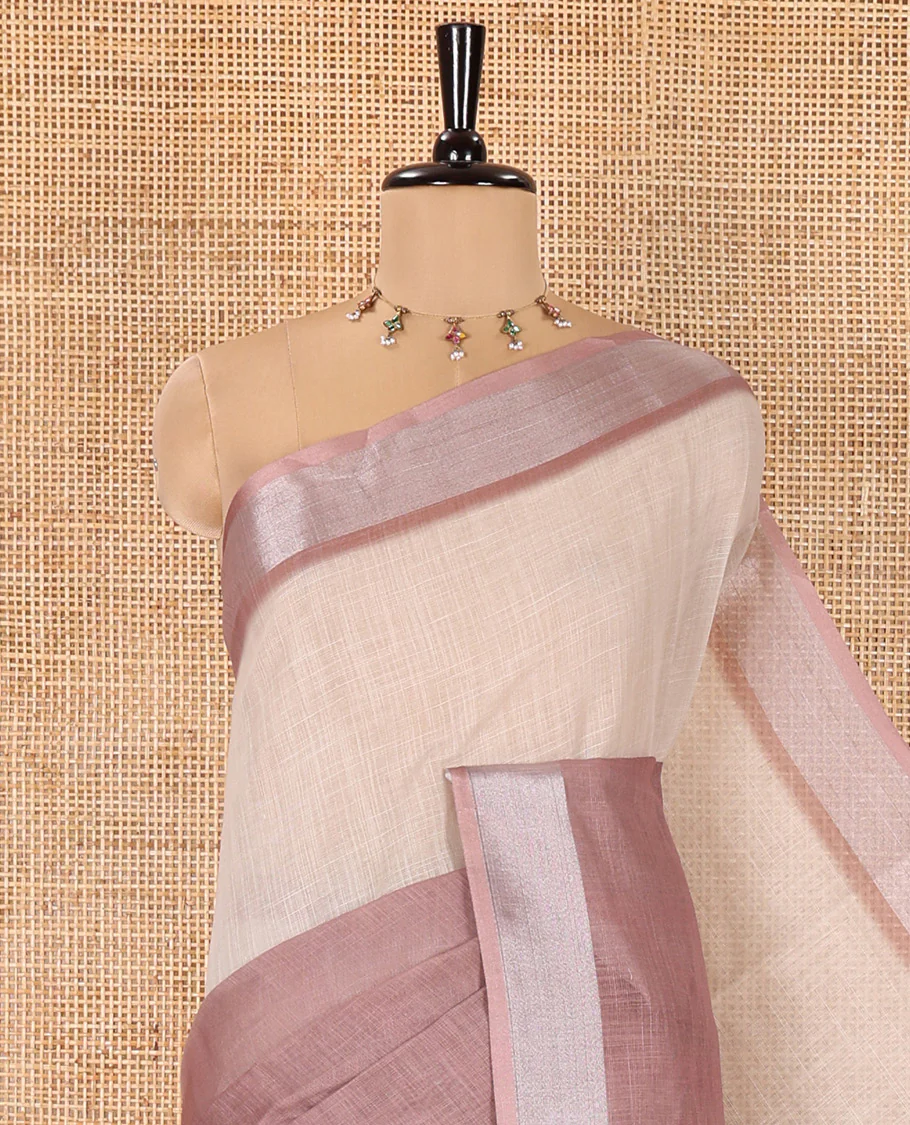 Cream and Brown Plain Linen Cotton Saree, Subtly Ombre-Style Dual-Color Dye on Its Body, Subtle Bavanji Zari Border, Pallu Features Rangoli-Style Patterns Print, and Paired with a Polka Dots Printed Blouse - Image 2