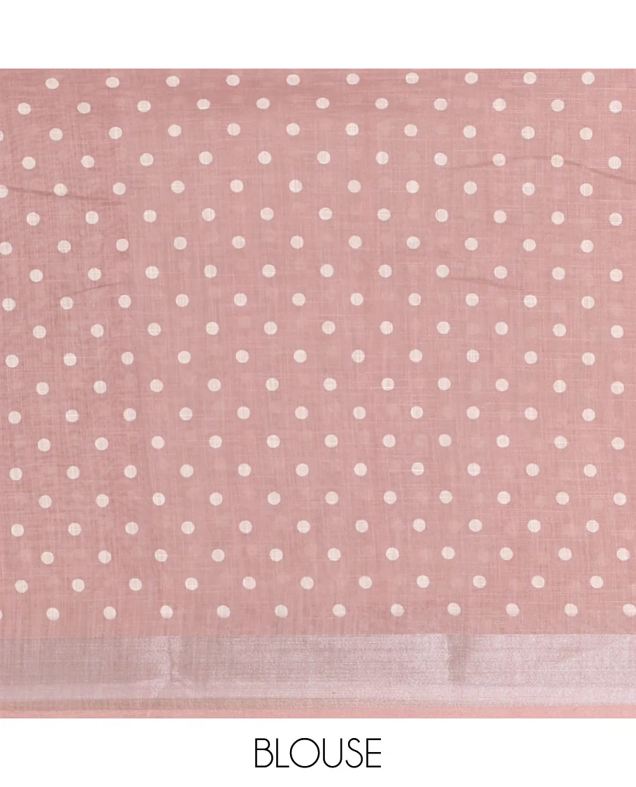 Cream and Brown Plain Linen Cotton Saree, Subtly Ombre-Style Dual-Color Dye on Its Body, Subtle Bavanji Zari Border, Pallu Features Rangoli-Style Patterns Print, and Paired with a Polka Dots Printed Blouse - Image 3
