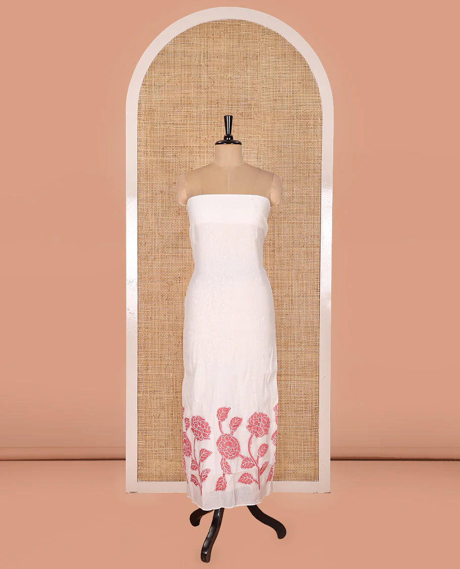 Cream and Gajiri Mul Chanderi Material Chudidar Set, Artfully Detailed with Floral Embroidery On Its Top, A Plain Santoon Bottom, and Comes with a Contrast Scallop Floral Embroidered Dupatta - Image 4