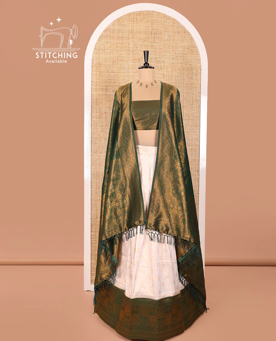 Cream and Green Banaras Softy Half-Saree Featuring Jacquard Design All Over the Skirt, Adorned with a Contrast Geometric Zari Design Border, Paired with a Jacquard Blouse, and a Banaras Softy Dhavani with Floral Jaal Jacquard Design - Image 2