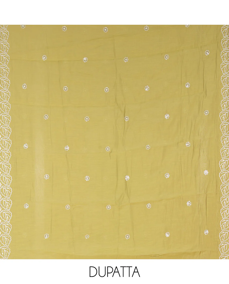 Cream and Green Mul Chanderi Material Chudidar Set, Meticulously Crafted with Floral Embroidery On Its Top, A Plain Santoon Bottom, and Comes with a Contrast Scallop Floral Embroidered Dupatta - Image 2