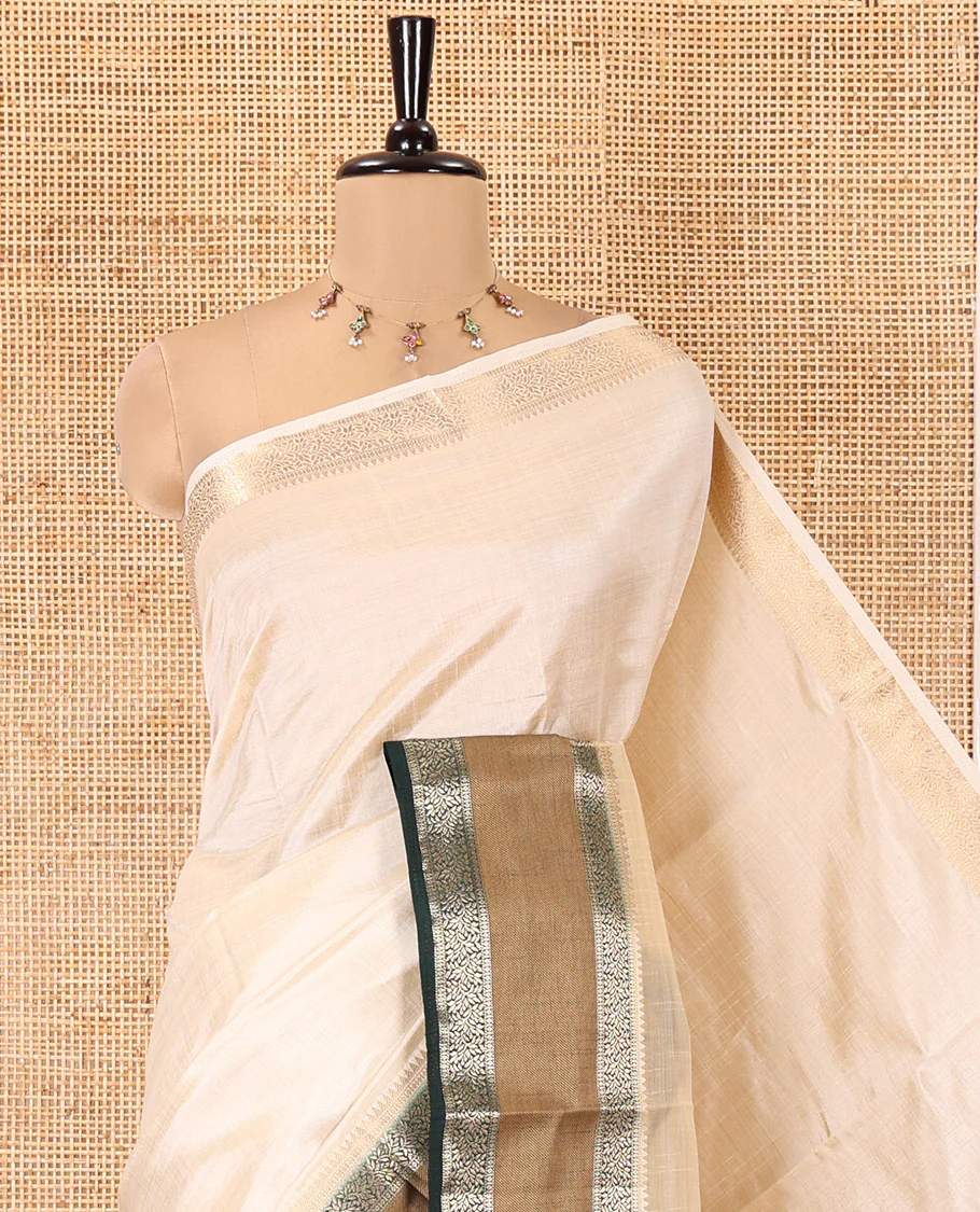 Cream and Green Plain Art Tussar Saree, Complemented by a Contrast Rettai Pettu Traditional Zari Border, Zari Striped Pallu, and Paired with a Contrast Blouse - Image 2