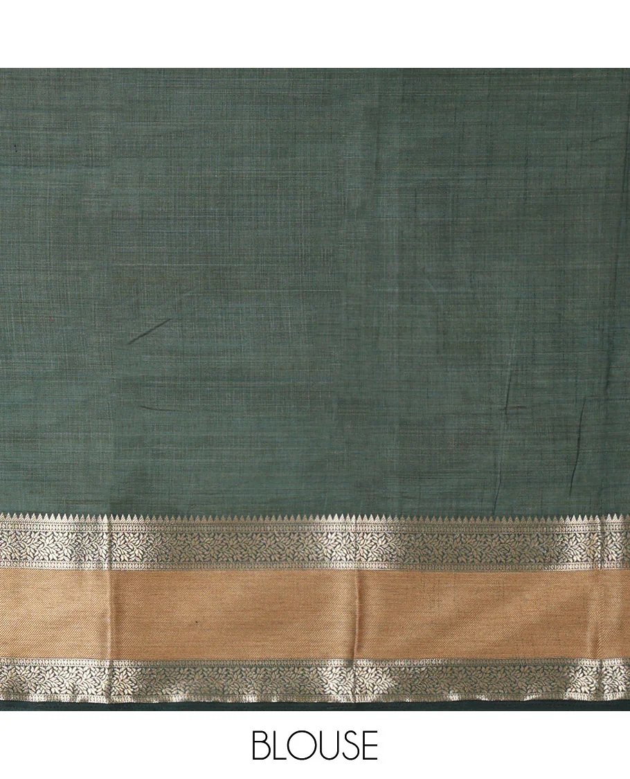 Cream and Green Plain Art Tussar Saree, Complemented by a Contrast Rettai Pettu Traditional Zari Border, Zari Striped Pallu, and Paired with a Contrast Blouse - Image 3