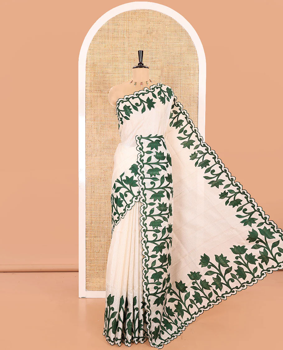 Cream and Green Plain Fancy Kota Silk Saree Highlighted with Lotus Floral Applique Embroidered Scallop Border, Lotus Motifs Applique Embroidered Pallu, and a Contrast Plain Blouse - Image 4