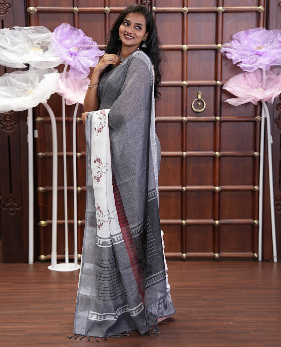 Cream and Grey Linen Cotton Saree, Subtly Sparkled with Half-and-Half Style and Elephant Motifs Printed On Its Body, Highlighted by Zari Border, Pallu of Same Print, and Paired with a Printed Blouse - Image 3