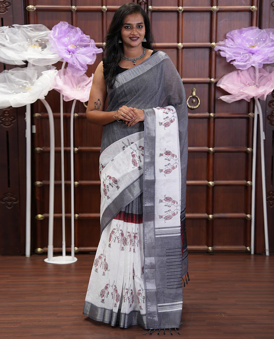 Cream and Grey Linen Cotton Saree, Subtly Sparkled with Half-and-Half Style and Elephant Motifs Printed On Its Body, Highlighted by Zari Border, Pallu of Same Print, and Paired with a Printed Blouse - Image 4