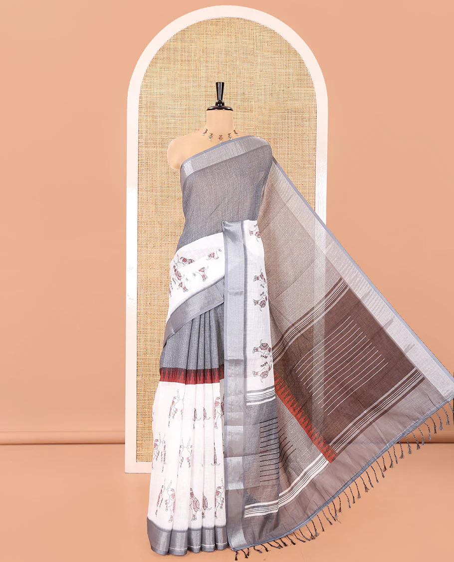 Cream and Grey Linen Cotton Saree, Subtly Sparkled with Half-and-Half Style and Elephant Motifs Printed On Its Body, Highlighted by Zari Border, Pallu of Same Print, and Paired with a Printed Blouse - Image 5