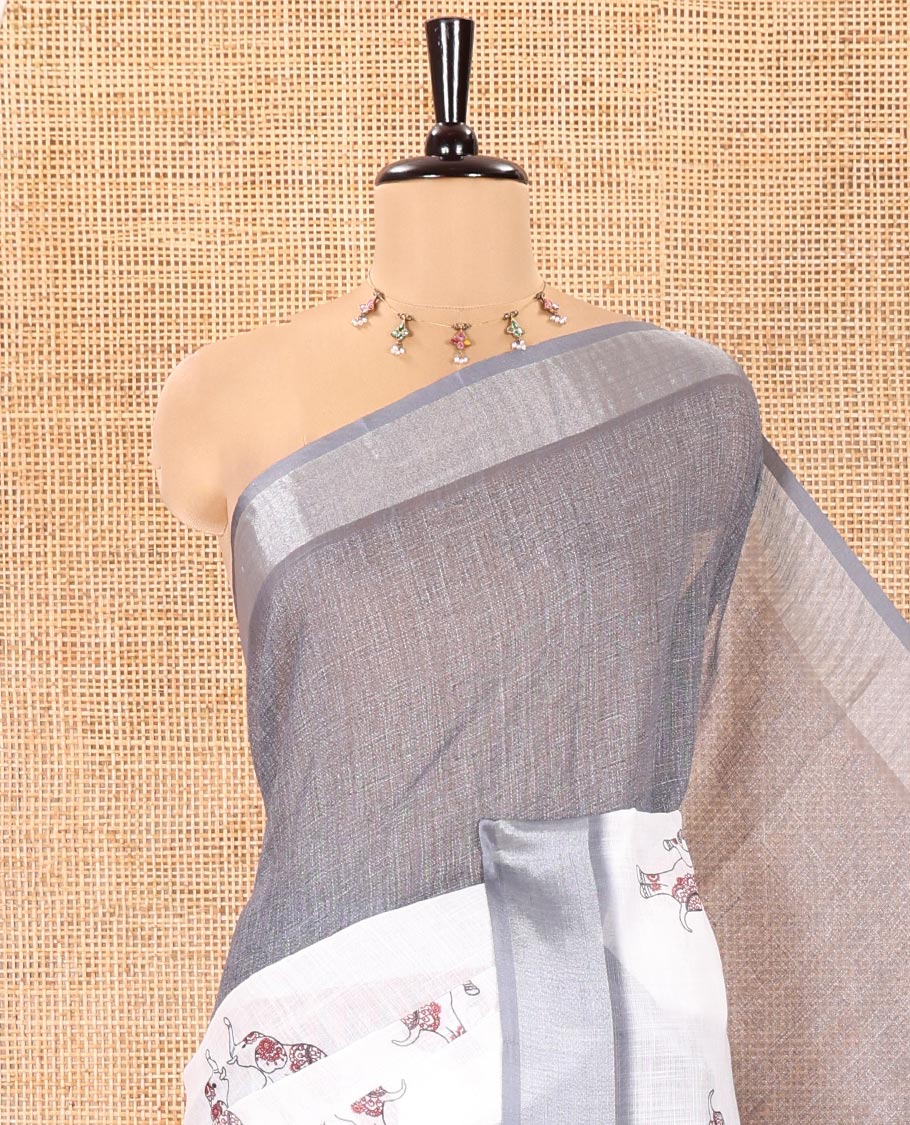 Cream and Grey Linen Cotton Saree, Subtly Sparkled with Half-and-Half Style and Elephant Motifs Printed On Its Body, Highlighted by Zari Border, Pallu of Same Print, and Paired with a Printed Blouse - Image 6