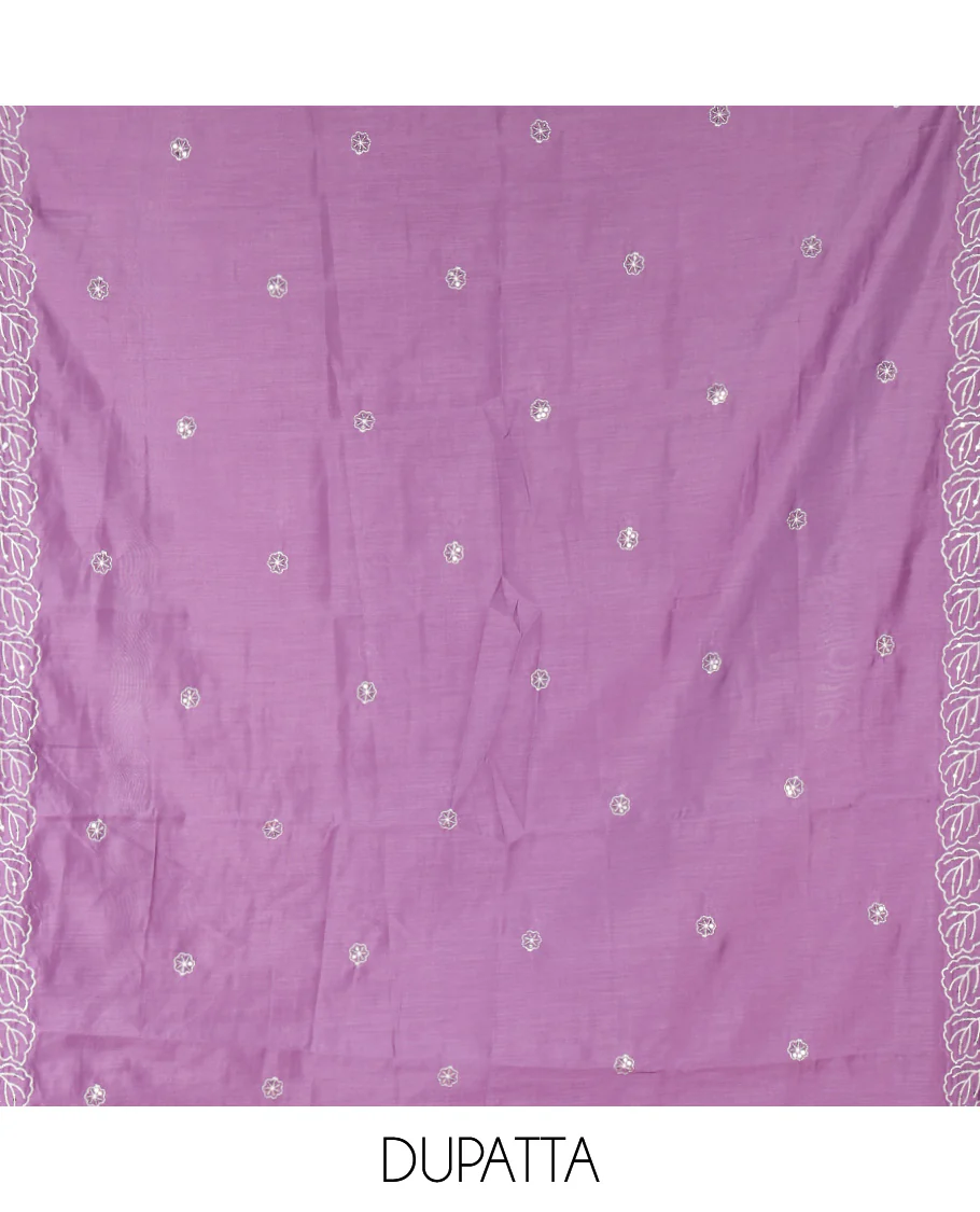 Cream and Lavender Mul Chanderi Material Chudidar Set, Beautiful Bedecked with Floral Embroidery On Its Top, A Plain Santoon Bottom, and Comes with a Contrast Scallop Floral Embroidered Dupatta - Image 2