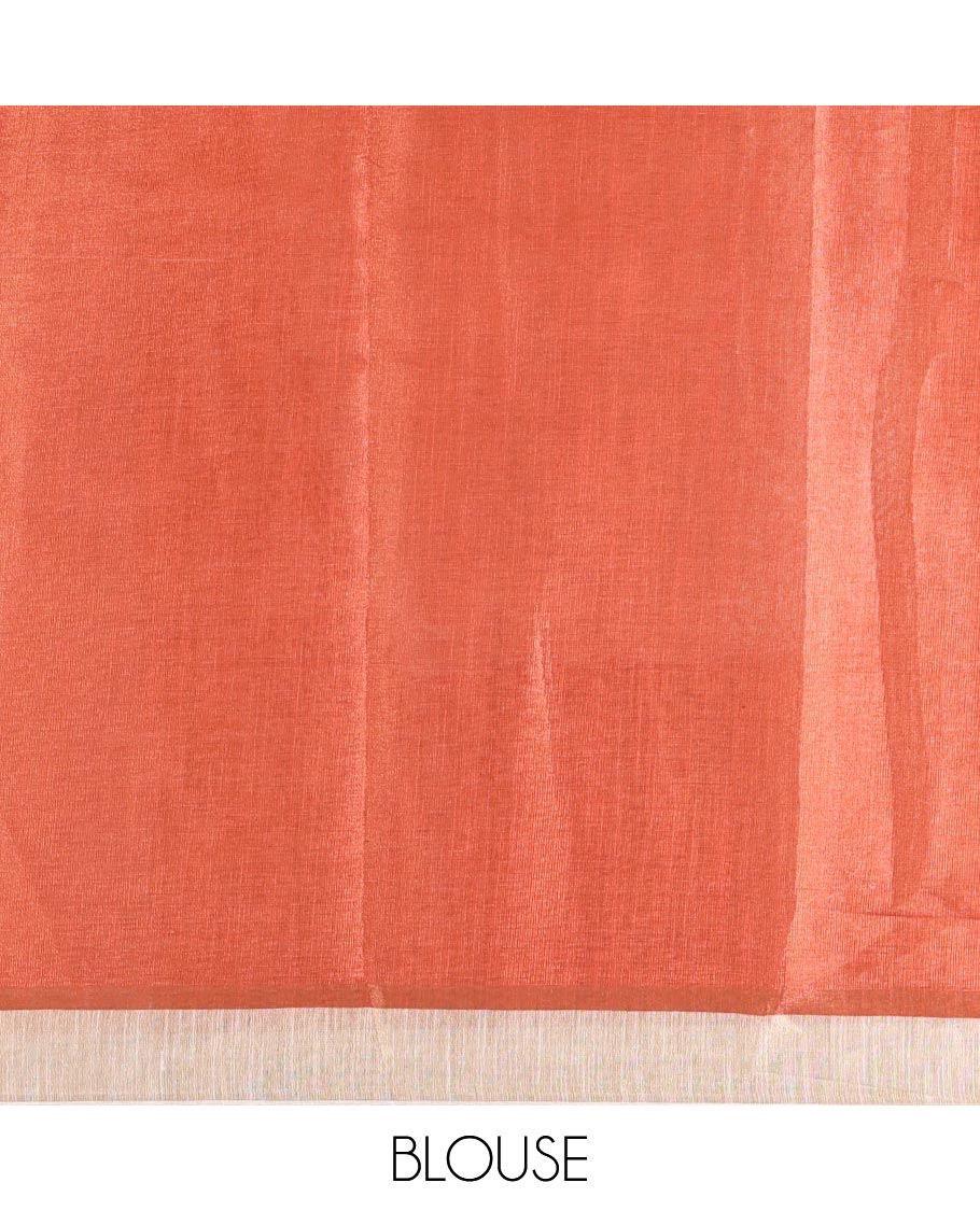 Cream and Orange Plain Tissue Saree Creatively Decked with Contrasting Kerala Mural Painting-Style Intricately Printed Border, Painting-Style Printed Pallu, and a Contrast Plain Blouse - Image 3