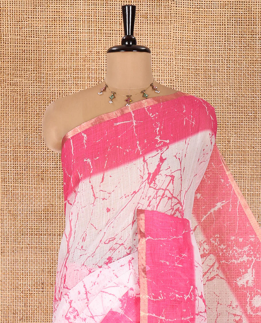 Cream and Pink Linen Cotton Saree, Decorated with Batik Print on Its Body, Complemented by Contrast Batik Printed Border, Pallu of Floral Print, and Paired with a Contrast Blouse - Image 2