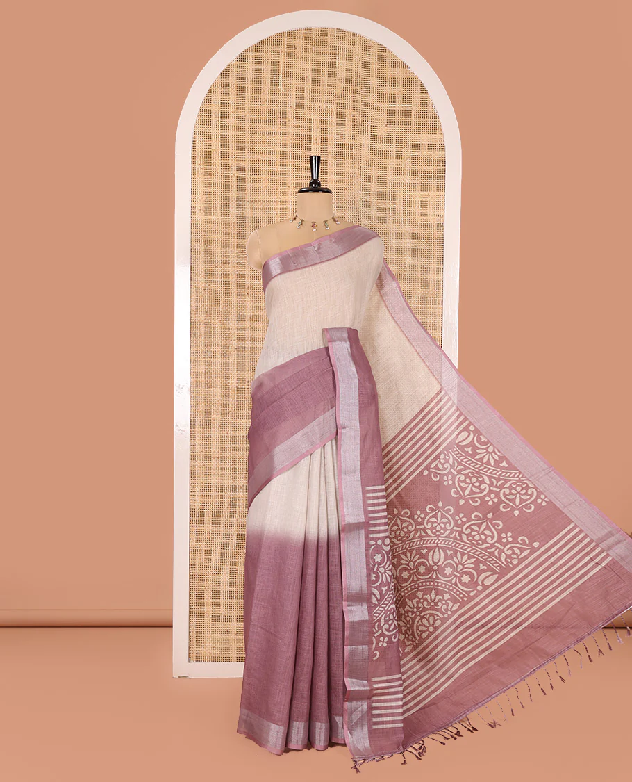 Cream and Purple Plain Linen Cotton Saree, Subtly Ombre-Style Dual-Color Dye on Its Body, Subtle Bavanji Zari Border, Pallu Features Rangoli-Style Patterns Print, and Paired with a Polka Dots Printed Blouse