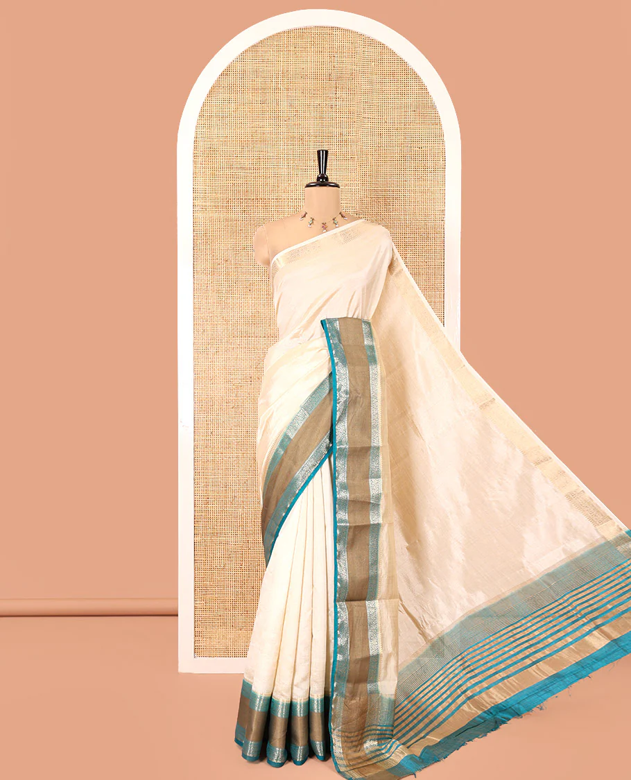 Cream and Rama Plain Art Tussar Saree, Complemented by a Contrast Rettai Pettu Traditional Zari Border, Zari Striped Pallu, and Paired with a Contrast Blouse