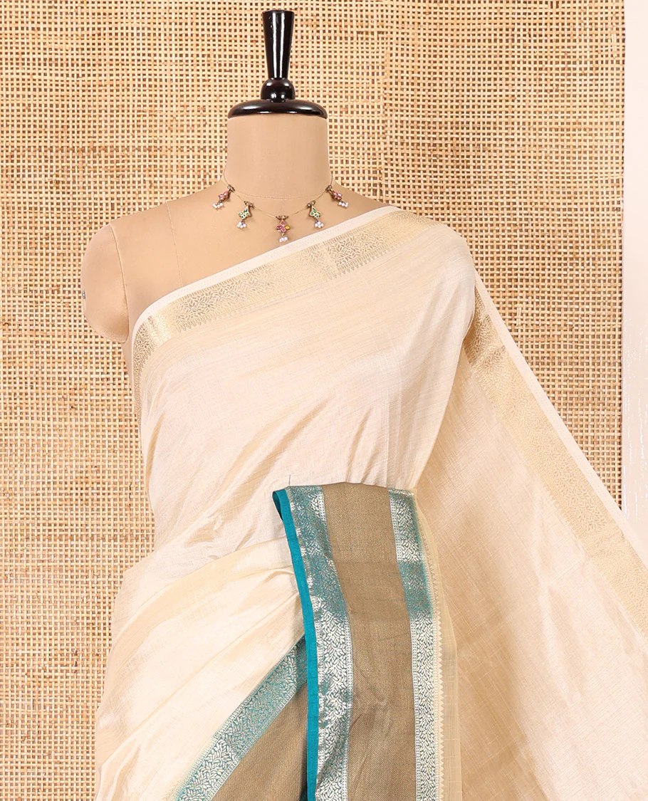 Cream and Rama Plain Art Tussar Saree, Complemented by a Contrast Rettai Pettu Traditional Zari Border, Zari Striped Pallu, and Paired with a Contrast Blouse - Image 2