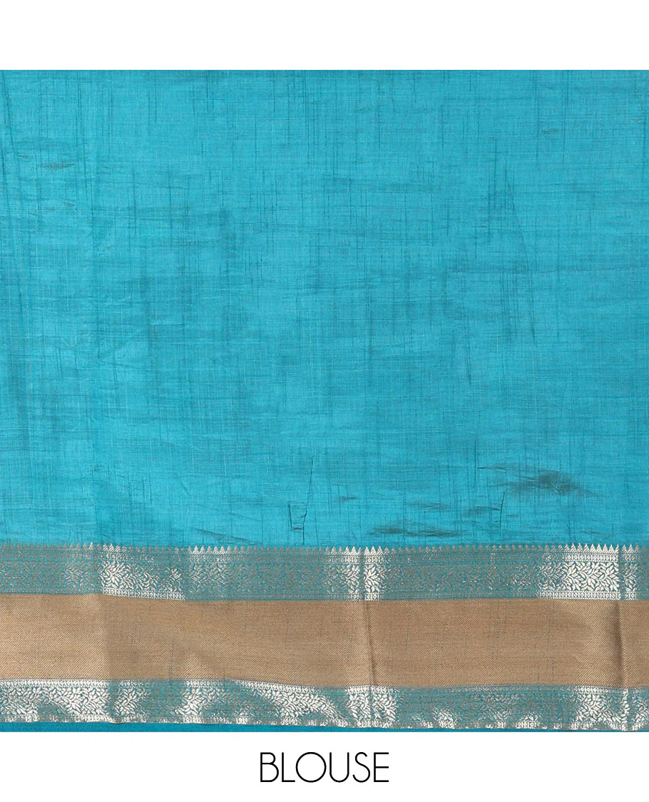 Cream and Rama Plain Art Tussar Saree, Complemented by a Contrast Rettai Pettu Traditional Zari Border, Zari Striped Pallu, and Paired with a Contrast Blouse - Image 3
