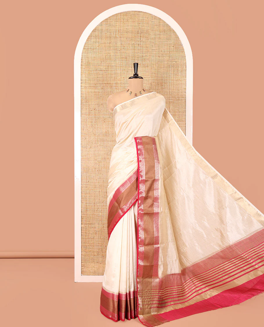 Cream and Rani Plain Art Tussar Saree, Complemented by a Contrast Rettai Pettu Traditional Zari Border, Zari Striped Pallu, and Paired with a Contrast Blouse