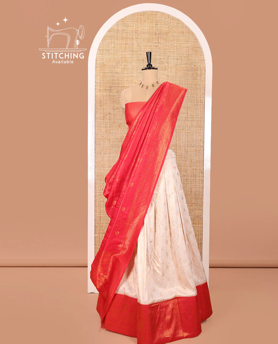 Cream and Red Banaras Softy Half-Saree Featuring Jacquard Design All Over the Skirt, Graced with a Contrast Geometric Zari Design Border, Paired with a Jacquard Blouse, and a Banaras Softy Dhavani with Floral Jaal Jacquard Design - Image 3