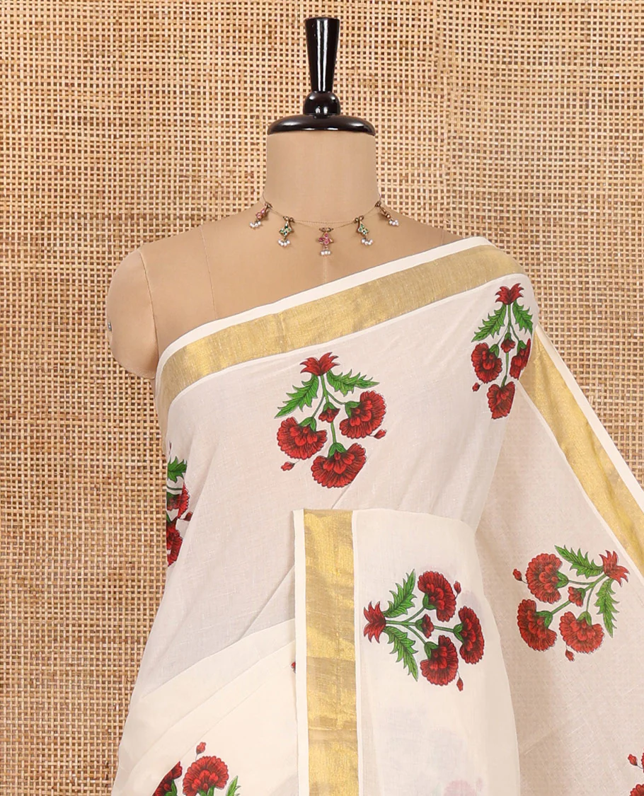 Cream and Red Kerala Cotton Saree, Detailed with Bunch of Floral Motifs Printed on Its Body, Subtle Zari Border, Pallu Features a Big Bunch of Floral Motifs Print, and Paired with a Matching Blouse - Image 2