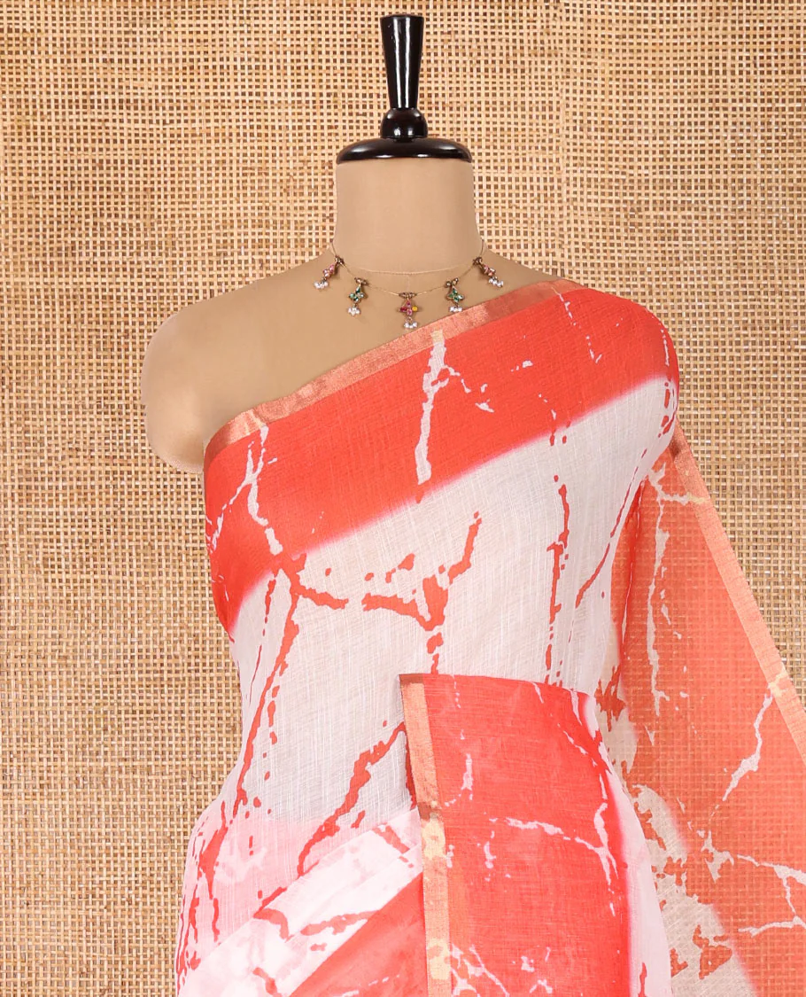 Cream and Red Linen Cotton Saree, Elevated with Batik Print on Its Body, Complemented by Contrast Batik Printed Border, Pallu of Floral Print, and Paired with a Contrast Blouse - Image 2