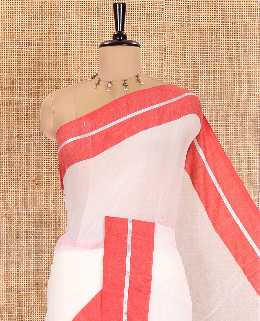 Cream and Red Plain Khadi Mul Cotton Saree, Complemented by Contrast Horizontal Striped Border, Plain Pallu, and Paired with a Matching Blouse - Image 2