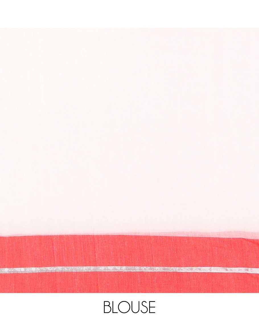 Cream and Red Plain Khadi Mul Cotton Saree, Complemented by Contrast Horizontal Striped Border, Plain Pallu, and Paired with a Matching Blouse - Image 3